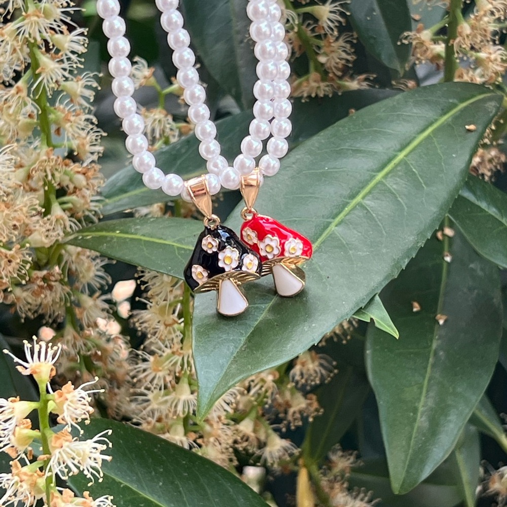 Pair of Mushroom Necklaces - Red & Black on Pearl